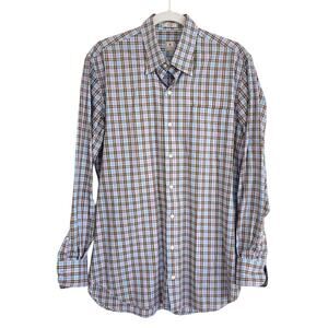 Peter Millar Men's Crown Cotton Blue Brown Plaid Button Down Casual Dress Shirt